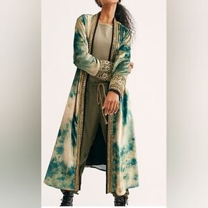 Free People stunning green aquaria tie dye velvet duster kimono beaded M rare